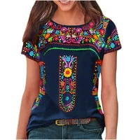 Ženski ljetni vrhovi kauzalni okrugli vrat za bluzu za ispis kratkih rukava majica na vrhu plave 8