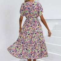 Meuva ženska cvjetna ljetna haljina V izrez kratki rukav potez ruj rum line bohemijske maxi haljine