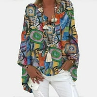 Cuoff Bluze za žene Modni Boho Print Lood dugi rukav V-izrez Loose majica Ženske vrhove Multicolor 2x