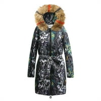 Ženska zimska jakna za zimsku odjeću Vintage Print Prevelizirana topla jakna s FAU krznenom kapuljačom