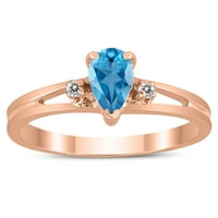 Ženski 6x plavi Topaz i dijamantski kruški u obliku kruške otvoreni tri kameni prsten u 10k ružičastog