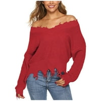 tklpehg ženski džemperi V-izrez džemper modna puna boja casual džemper sa dugim rukavima jesen zimski topli džemper pulover zboje crveni xl