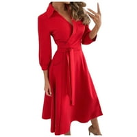 Clearsance Ljetne haljine za žene Solid V-izrez Wrap srednje dužine Modni odmor Dugi rukav Crveni l