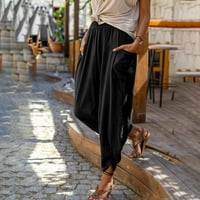Lilgiuy ženske hlače visoke struke Čvrsta boja elastični pojas vintage stilski pamučni i posteljini