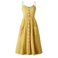 Ljetne haljine slatko ukrasno dugme Lose Midi kvadratni vrat bez rukava bez rukava za žene žuti m