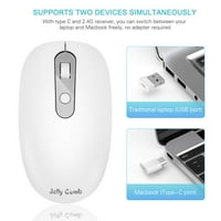 Tip C bežični miš, 2.4G bežični miša USB C Akumulatorski miševi sa nano USB i tipa C prijemnik, bijeli