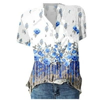 Ženski ljetni bluze V-izrez cvjetni kratki rukav Chemise Tops Blue XL