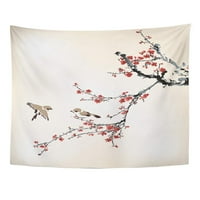 Ružičasti cvjetovi ptice i zimska slatka akvarelna plovila grana zidne umjetnosti Viseći tapiserija