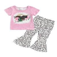 Lottle Girls Hlače postavljene slovo kratkih rukava Rose Stoka O-izrez majica Rose goveda Leopard zvona