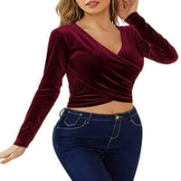 Capreze Women majica dugih rukava majica Solid Color Tops Comfy tunika bluza V izrez Tee Wine Red XL