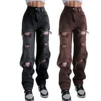 Cathery Womens Y2K Ripped rupa Jeans High Squik Ravne široke noge Torgy pantalone Vintage traper hlače