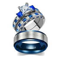 Njegovi i njeni vjenčani prstenovi parovi prsteni sterling srebrni plavi kvadratni dijamantski vjenčani