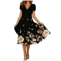 PBNBP ženska plus veličina cvjetna V izrez kratki rukav Flowy Swing midi boho haljina, jedna ramena
