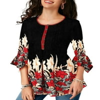 Uhndy plus veličina Bluze žene ruffle ruffe casual top do vrhova cvjetnog tiskana dolje majica crna