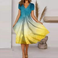 Ljetne haljine za žene Midi haljina A-line kratki rukav slatka V-izrez putnička haljina žuta l