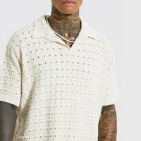 Muška majica Muška labava pletena kratki rukav, puna boja modna, ležerna majica s V-izrezom bijela 3xl