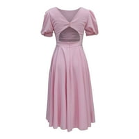 Haljine za žene srednje dužine A-line kratki rukav ležerni okrugli dekolte, ljetna čvrsta haljina ružičasta