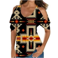 Ženski dnevni nošenje naljev na dletiranim kratkim rukavima V izrez ljetni tee hladni rame Tribal labav fit casual bluze camisas