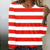 Wyongtao ženske ležerne majice s dugim rukavima Striped Slatki okrugli vrhovi vrata Comfy bluze Crveni
