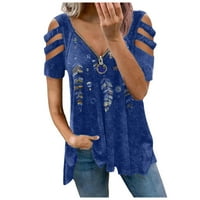 Leylayray bluza za žene Ljeto Ženske vrpce V-izrez patentni zatvarač Pulover Ispis labave majice s kratkim rukavima plavi xxxl
