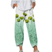 YieVot posteljine hlače Žene Ležerne prilike obrezane hlače Žene Ispis Tanka elastična tipka za struk Stretch Skinny Hlače pantalone zeleno l