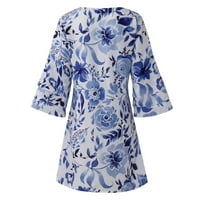 Stalni ženski modni temperament Elegantni svježi ispisani V-izrezni rukavi mini haljina nebesko plavo