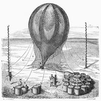 Inflacija balona s toplim vazduhom. Ninja balona s toplim vazduhom sa vodonikom. Graviranje 19. veka.