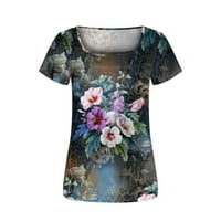 Thirts majice za žensko čišćenje cvjetnih uzoraka kratki rukav kvadratni vrat labav natpisan gornji