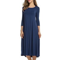 Bazyrey ženski okrugli vrat midi haljina ženska ležerna puna boja srednje rukave velika ljuljačka visoka struka plava 2xl