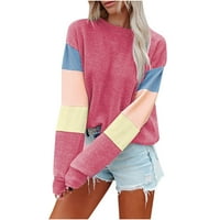 Vremenski pulover za žene trendi okrugli vrat dugih rukava s dugim bojama, ružičasta, l