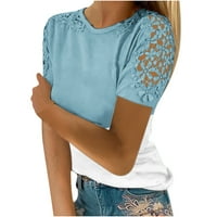 Žene ležerne od tiskane bluze za okrugle vrat čipka izrezani izrez kratkih rukava s tankim majicama za bluzu kratkih majica plavi xl