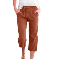 Ženske pamučne posteljine kapri hlače elastične struke nacrtavaju ravne pantalone casual labavih salona
