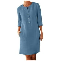 Ženska haljina modna casual puni gumb džepa Džepna haljina dugih rukava, plava, s