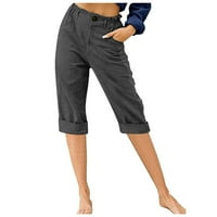 Oieyuz pamučne posteljine obrezane hlače za žene elastične visoko resiljene hlače sa džepom ravne hlače