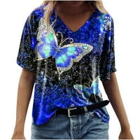 -Hirts za žene V izrez kratkih rukava Košulje 4D leptir tines labavi fit vrhovi ljetna casual bluza