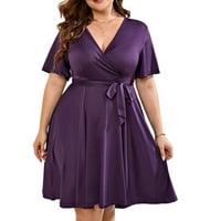 Ljetne haljine za žene plus veličine kratkih rukava, puna boja košulja V-izrez Maxi Loose Fit svakodnevno