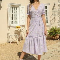 Ženske haljine modni uzročni V-izrez šifon cvjetni boho plaža kratka rukava haljina ljubičasta xxl