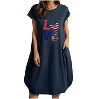 Ženske zastave Ispiši mini haljine Ljetna haljina s dušom sa džepovima 4. jula Batwing Crewneck Sundress