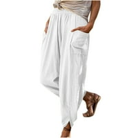 BDFZL Ženske hlače visoke struke Čvrsta boja elastični remen Vintage stilski pamučni i posteljini dvostruki