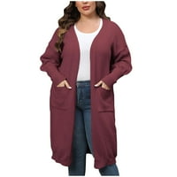 Ženska kardigan puna boja plus veličina labavi midi stil dvostruki džepovi džemper, vino XXXXL