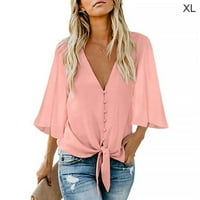 Ženska majica Solid Boja dugih rukava Top gumba Lapel casual bluza, ružičasta, xl