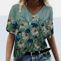 Ženska ljetna casual v izrez kratki rukav majica Vintage Print Top Green M