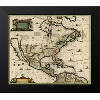 Vintage mape crni moderni uokvireni muzej umjetničko otisak pod nazivom - Amerika u 17. stoljeću 1652.