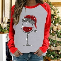 T majice za žene Dame Modni božićni vinski stakleni ispisani rukav rukav rukav boju majica Jesenska