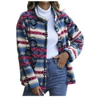Ženski džepni džep jakne u boji keometrijski ispis plišana jakna dugih rukava jakna gornja ljubičasta