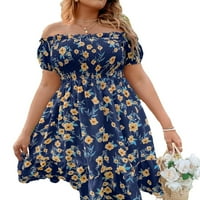 Žene plus veličina slatka s ramena cvjetna mini haljina ljetna casual kratkih rukava s ljuljačkama 2xl