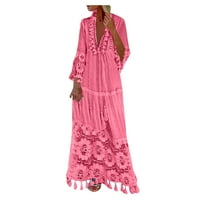 Ružičaste haljine za žene Čvrsta boja čipka za dugih rukava Tassel Holiday haljina plus veličine V-izrez