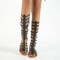 QuCoqpe ženske visoke vrhove ravne sandale meke pu kožne vintage šuplje cipele casual rimsko plaže sandale