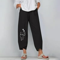 CLLIOS WOMENS PLUS size pamučne platnene hlače Ljeto elastični struk pant labavi fit cvjetovi crne casual