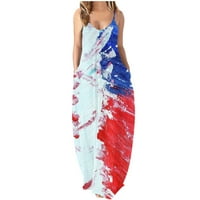 Hvyesh Žene Ljetne haljine Ležerne plaže Maxi haljina Američka zastava Ispiši V izrez Sunkes Spaghetti